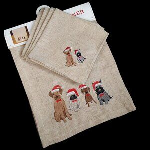 NWT Table Runner & 4 Napkins 5pc Set Embroidered Dogs with Santa Hats Christmas